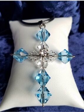 Swarovski Elements Large Aquamarine Cross Pendant Necklace on Black Cotton Cord